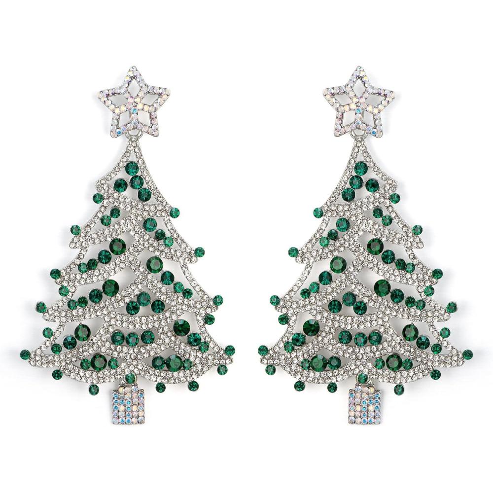 imageBriLove Christmas Earrings for Women Shiny Rhinestone Star Xmas Tree Drop Dangle Earring Festival Decor Holiday Party Jewelry GiftEmerald Color SilverTone