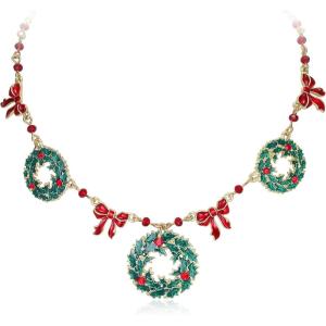 imageBriLove Christmas Necklace for Women Sparkling Crystal Wreath Bow Collar Necklaces for Festival Decor Holiday Party Accessories Jewelry GiftRuby Color GoldTone