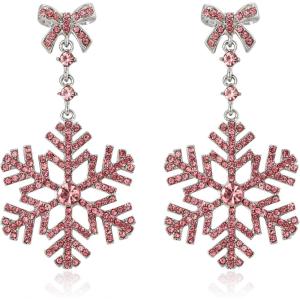 imageBriLove Christmas Snowflake Earrings for WomenShiny Winter Party Bowtie Snowflakes Rhinestones Dangle Drop Earring for Xmas Festival Decor Holiday Party Jewelry GiftPink SilverTone