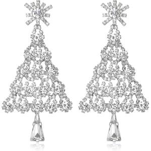 imageBriLove Christmas Tree Snowflake Earrings for WomenShiny Winter Party Snowflakes Rhinestones Dangle Drop Earring for Xmas Festival Decor Holiday Party Jewelry GiftClear SilverTone