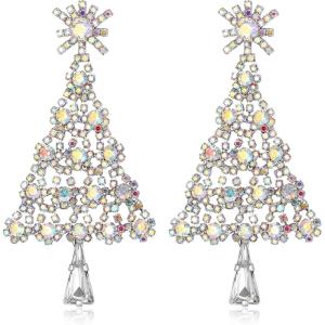 imageBriLove Christmas Tree Snowflake Earrings for WomenShiny Winter Party Snowflakes Rhinestones Dangle Drop Earring for Xmas Festival Decor Holiday Party Jewelry GiftIridescent AB SilverTone