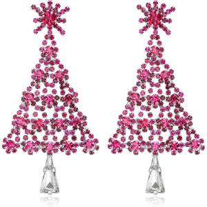 imageBriLove Christmas Tree Snowflake Earrings for WomenShiny Winter Party Snowflakes Rhinestones Dangle Drop Earring for Xmas Festival Decor Holiday Party Jewelry GiftFuchsia SilverTone