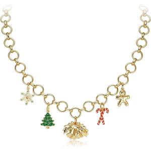 imageBriLove Christmas Tree Winter Snowflakes Jingle Bell Statement Chunky Chain Collar Necklace Xmas Holiday Party Jewelry Gift for WomenChristmas Tree