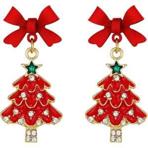 imageBriLove Red Christmas Tree Earrings for Women Shiny Rhinestone Bow Stud Earrings Xmas Holiday Party Jewelry GiftGoldTone