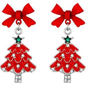 imageBriLove Red Christmas Tree Earrings for Women Shiny Rhinestone Bow Stud Earrings Xmas Holiday Party Jewelry GiftSilverTone