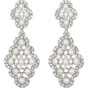 imageBriLove Wedding Bridal Simulated Pearl Earrings for Women Crystal Hollow Rhombus Chandelier Dangle Earrings for Party Prom AccessoriesSilverTone