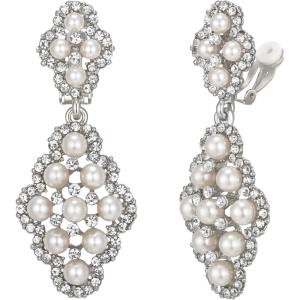 imageBriLove Womens Wedding Bridal Rhombus Crystal Simulated Pearl Hollow Chandelier ClipOn Dangle EarringsSilverTone