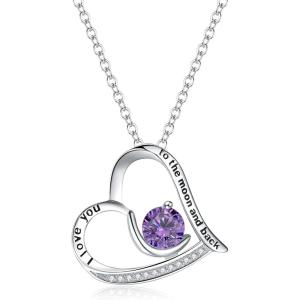 imageBriLove 925 Sterling Silver Necklace for WomenI Love You to The Moon and Back Engraved CZ Love Heart Pendant Necklaces for Birthday GiftLight Purple SilverTone