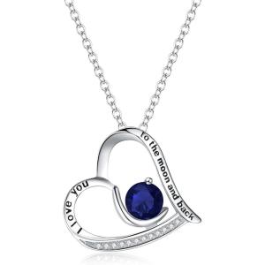 imageBriLove 925 Sterling Silver Necklace for WomenI Love You to The Moon and Back Engraved CZ Love Heart Pendant Necklaces for Birthday GiftSapphire Color SilverTone