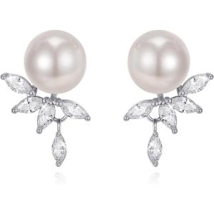 imageBriLove Wedding Stud Earrings for Women Gorgeous Cubic Zirconia Simulated Pearl Marquise Bridal Earring for Bride Bridesmaid Party Prom AccessoriesFive Marquise