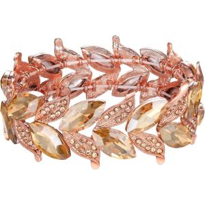 imageBriLove Womens Wedding Bridal Crystal MarquiseShape Leaf Stretch Bangle BraceletPeach Morganite Color RoseGoldPlatedBase