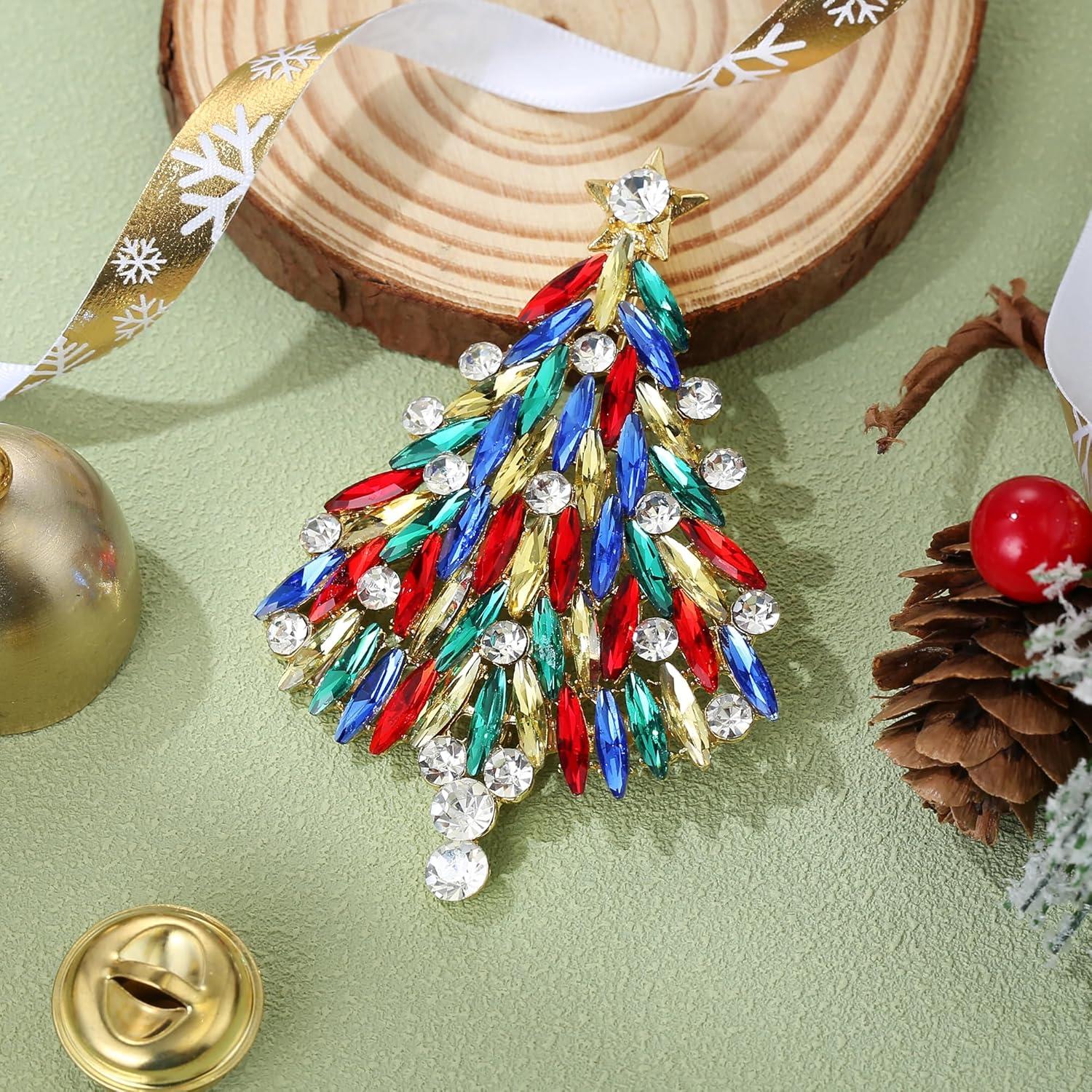 imageBriLove Merry Christmas Tree Brooch Xmas Star Rhinestone Marquise Decorative Gift for WomenMulticolor GoldTone