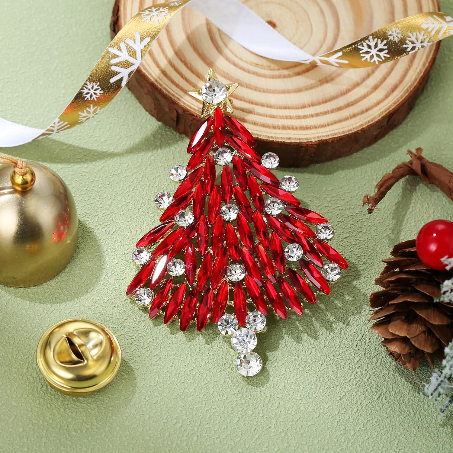 imageBriLove Merry Christmas Tree Brooch Xmas Star Rhinestone Marquise Decorative Gift for WomenRuby Color GoldTone