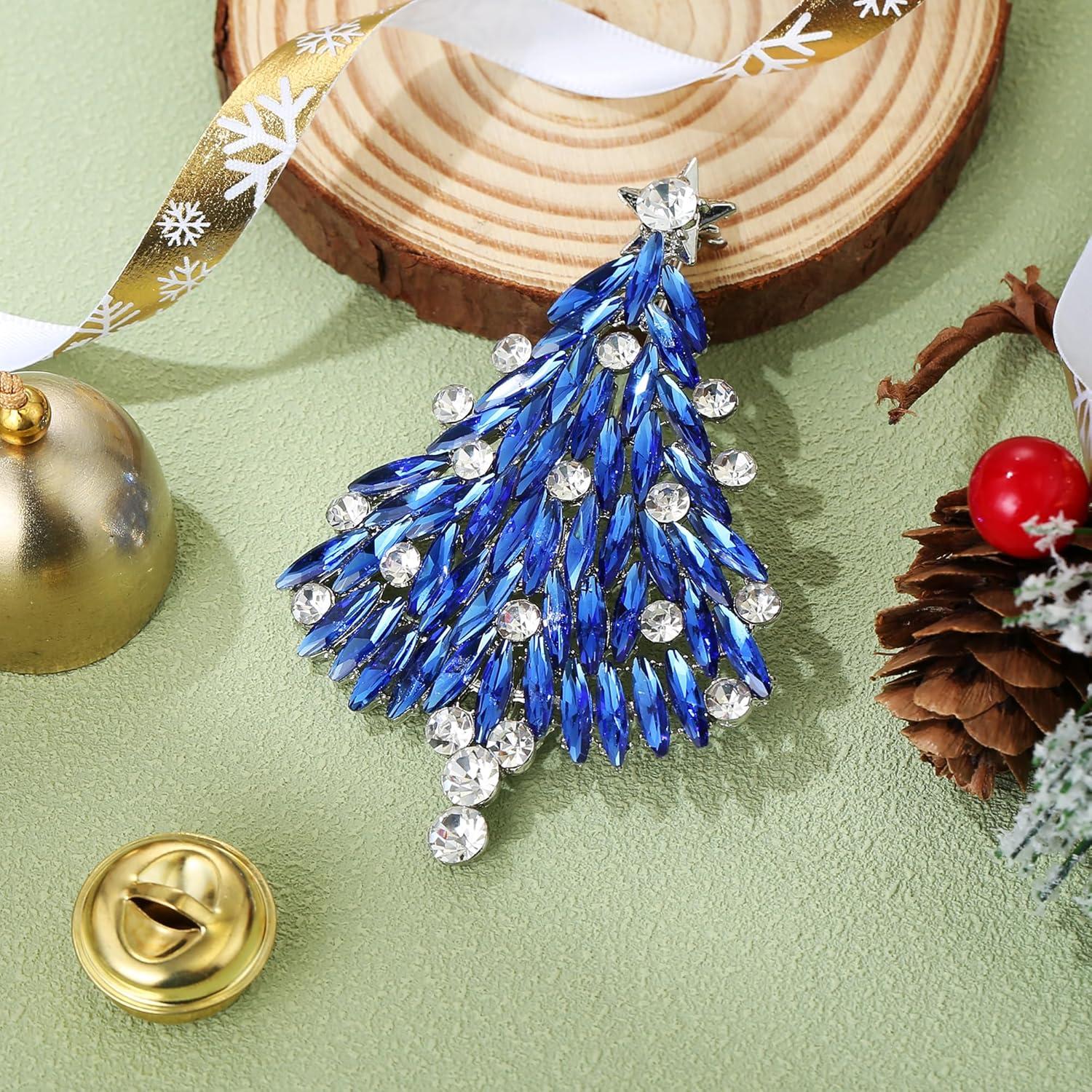 imageBriLove Merry Christmas Tree Brooch Xmas Star Rhinestone Marquise Decorative Gift for WomenSapphire Color SilverTone