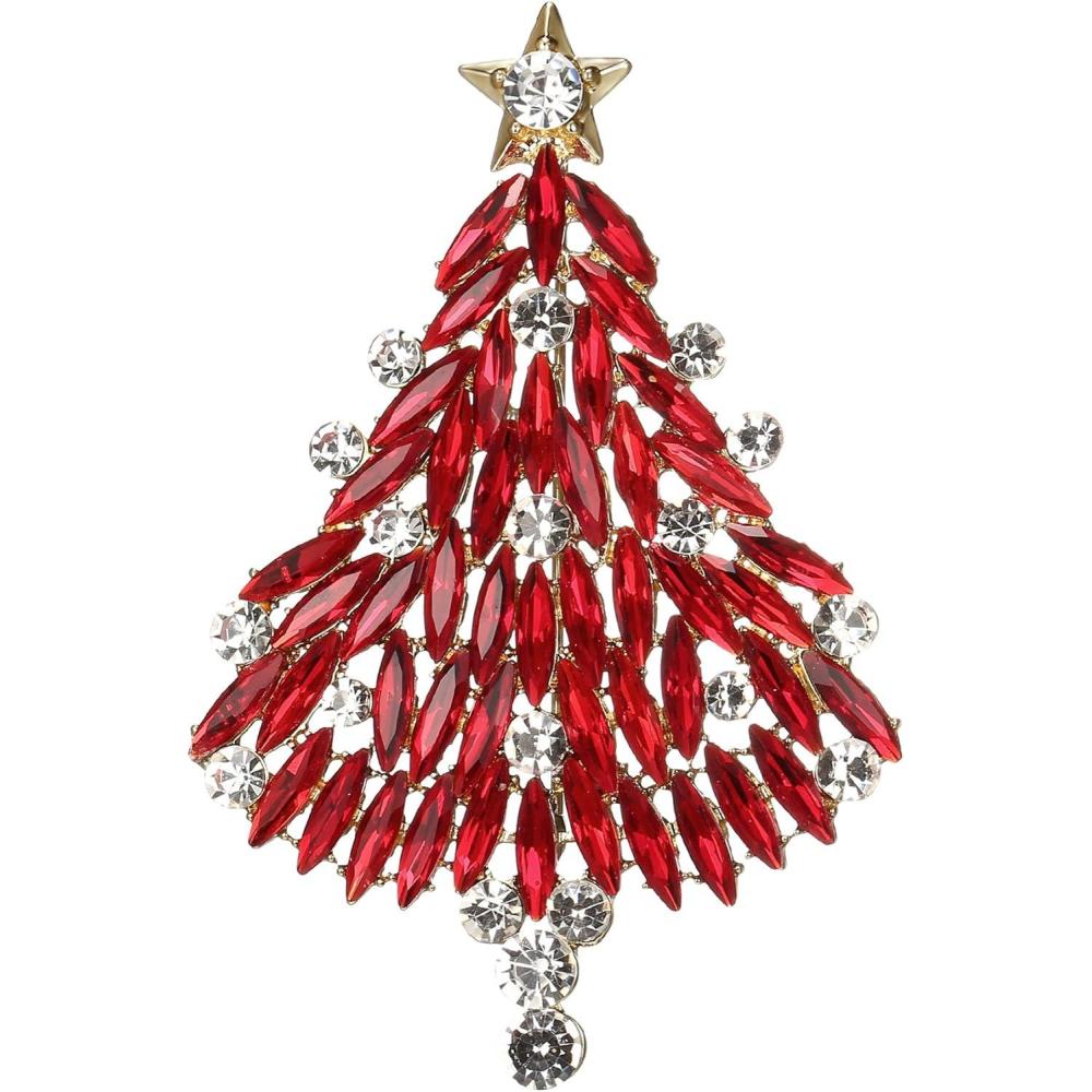 imageBriLove Merry Christmas Tree Brooch Xmas Star Rhinestone Marquise Decorative Gift for WomenRuby Color GoldTone