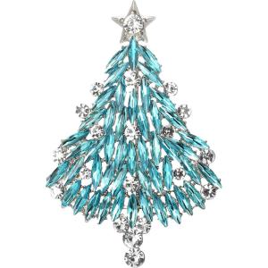 imageBriLove Merry Christmas Tree Brooch Xmas Star Rhinestone Marquise Decorative Gift for WomenBlue Topaz SilverTone