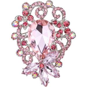 imageBriLove Elegant Crystal Teardrop Marquise Bouquet Brooch Pin for WomenPink SilverTone