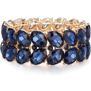 imageBriLove Wedding Bridal Elegant Crystal Double Row Teardrop Rhinestones Cluster Stretch Bangle Bracelet for BrideOvalSapphire Color GoldTone