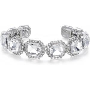 imageBriLove Womens Wedding Bridal Multi Emerald Cut Crystal Open Bangle Stretch BraceletClear SilverTone