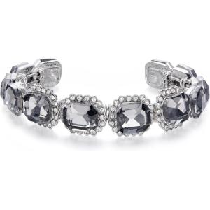 imageBriLove Womens Wedding Bridal Multi Emerald Cut Crystal Open Bangle Stretch BraceletGrey SilverTone