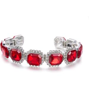 imageBriLove Womens Wedding Bridal Multi Emerald Cut Crystal Open Bangle Stretch BraceletRuby Color SilverTone