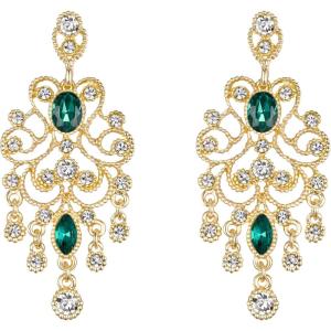 imageBriLove Womens Vintaged Style Wedding Bridal Crystal Drop Hollow Chandelier Filigree Dangle EarringsEmerald Color GoldTone