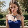 image:imageBriLove Statement Wedding Jewelery Set Shiny Gorgeous Crystal Teardrop Cluster Necklace Earrings for Womens Bridal Party Prom AccessoriesSapphire Color SilverTone