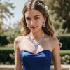 image:imageBriLove Womens Wedding Bridal Austrian Crystal Teardrop Flower Cluster Statement Necklace Dangle Earrings Jewelry Set for Party Prom2PcsNavy Blue SilverTone