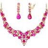image:imageBriLove Jewelry Clipon Earrings Sparkling Austrian Crystal Teardrop Cluster Statement Necklace Set for Party Prom Accessories03Fuchsia GoldTone