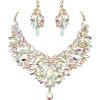 image:imageBriLove Wedding Bridal Crystal Rhinestones Marquise Cluster Statement Necklace Dangle Earrings Jewelry Set for WomenIridescent AB GoldTone