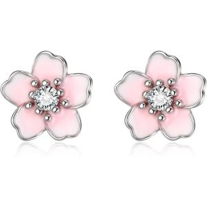 image:imageBriLove Bohemian Boho 925 Sterling Silver Flower Stud Earrings for Women Dainty Shiny Rhinestone Flora Earrings for Summer Refreshing Seaside Idyllic HolidayPink SilverTone