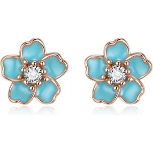 image:imageBriLove Bohemian Boho 925 Sterling Silver Flower Stud Earrings for Women Dainty Shiny Rhinestone Flora Earrings for Summer Refreshing Seaside Idyllic HolidayBlue Rose GoldTone
