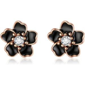 image:imageBriLove Bohemian Boho 925 Sterling Silver Flower Stud Earrings for Women Dainty Shiny Rhinestone Flora Earrings for Summer Refreshing Seaside Idyllic HolidayBlack Rose GoldTone