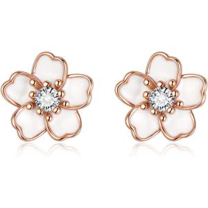 image:imageBriLove Bohemian Boho 925 Sterling Silver Flower Stud Earrings for Women Dainty Shiny Rhinestone Flora Earrings for Summer Refreshing Seaside Idyllic HolidayClear Rose GoldTone