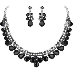 image:imageBriLove Gorgeous Jewelry Set for Women Stunning Shiny Crystal Teardrop Cluster Statement Necklace Dangle Drop Earrings Wedding Party Prom AccessoriesBlack SilverTone