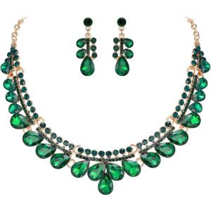 image:imageBriLove Gorgeous Jewelry Set for Women Stunning Shiny Crystal Teardrop Cluster Statement Necklace Dangle Drop Earrings Wedding Party Prom AccessoriesEmerald Color GoldTone