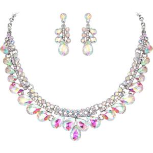 image:imageBriLove Gorgeous Jewelry Set for Women Stunning Shiny Crystal Teardrop Cluster Statement Necklace Dangle Drop Earrings Wedding Party Prom AccessoriesIridescent AB SilverTone