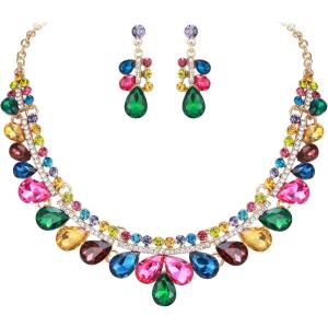 image:imageBriLove Gorgeous Jewelry Set for Women Stunning Shiny Crystal Teardrop Cluster Statement Necklace Dangle Drop Earrings Wedding Party Prom AccessoriesMulticolor GoldTone