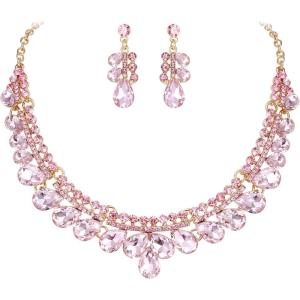 image:imageBriLove Gorgeous Jewelry Set for Women Stunning Shiny Crystal Teardrop Cluster Statement Necklace Dangle Drop Earrings Wedding Party Prom AccessoriesPink GoldTone