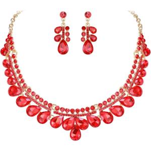 image:imageBriLove Gorgeous Jewelry Set for Women Stunning Shiny Crystal Teardrop Cluster Statement Necklace Dangle Drop Earrings Wedding Party Prom AccessoriesRuby Color GoldTone