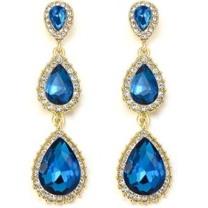 image:imageBriLove Gorgeous Shiny Rhinestones Teardrop Chandelier Long Dangle Earrings for Wedding Bridal Party Prom Jewelry AccessoriesBlue GoldTone