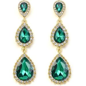 image:imageBriLove Gorgeous Shiny Rhinestones Teardrop Chandelier Long Dangle Earrings for Wedding Bridal Party Prom Jewelry AccessoriesEmerald Color GoldTone