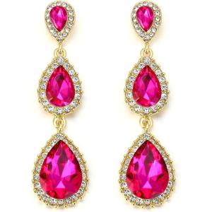 image:imageBriLove Gorgeous Shiny Rhinestones Teardrop Chandelier Long Dangle Earrings for Wedding Bridal Party Prom Jewelry AccessoriesFuchsia GoldTone