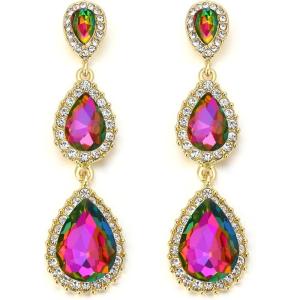 image:imageBriLove Gorgeous Shiny Rhinestones Teardrop Chandelier Long Dangle Earrings for Wedding Bridal Party Prom Jewelry AccessoriesVitrail Medium GoldTone