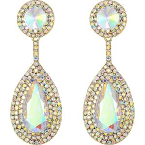 image:imageBriLove Gorgeous Wedding Rhinestones Teardrop Chandelier Long Dangle Earrings for Bridal Party Prom Jewelry AccessoriesIridescent AB GoldTone