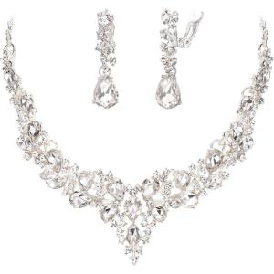 image:imageBriLove Jewelry Clipon Earrings Sparkling Austrian Crystal Teardrop Cluster Statement Necklace Set for Party Prom Accessories01Clear SilverTone