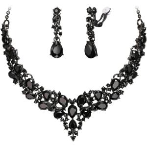 image:imageBriLove Jewelry Clipon Earrings Sparkling Austrian Crystal Teardrop Cluster Statement Necklace Set for Party Prom Accessories02Black BlackTone