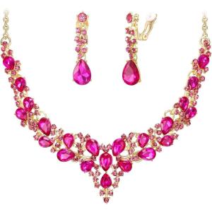 image:imageBriLove Jewelry Clipon Earrings Sparkling Austrian Crystal Teardrop Cluster Statement Necklace Set for Party Prom Accessories03Fuchsia GoldTone