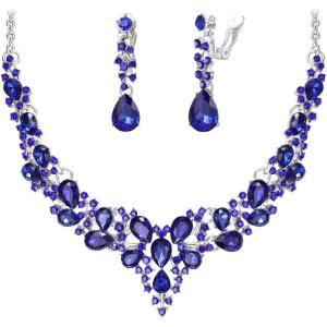 image:imageBriLove Jewelry Clipon Earrings Sparkling Austrian Crystal Teardrop Cluster Statement Necklace Set for Party Prom Accessories04Blue SilverTone