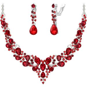 image:imageBriLove Jewelry Clipon Earrings Sparkling Austrian Crystal Teardrop Cluster Statement Necklace Set for Party Prom Accessories06Ruby Color SilverTone
